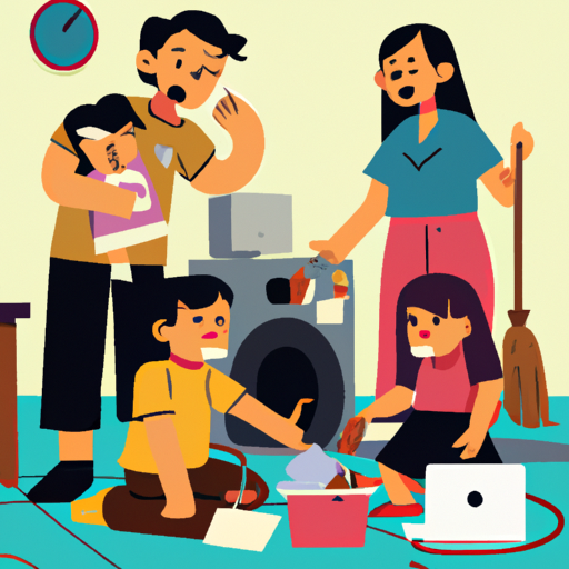 משפחה עסוקה בהטוטנות בין עבודה ואחריות ביתית, המדגישה את הצורך בעוזרת בית.